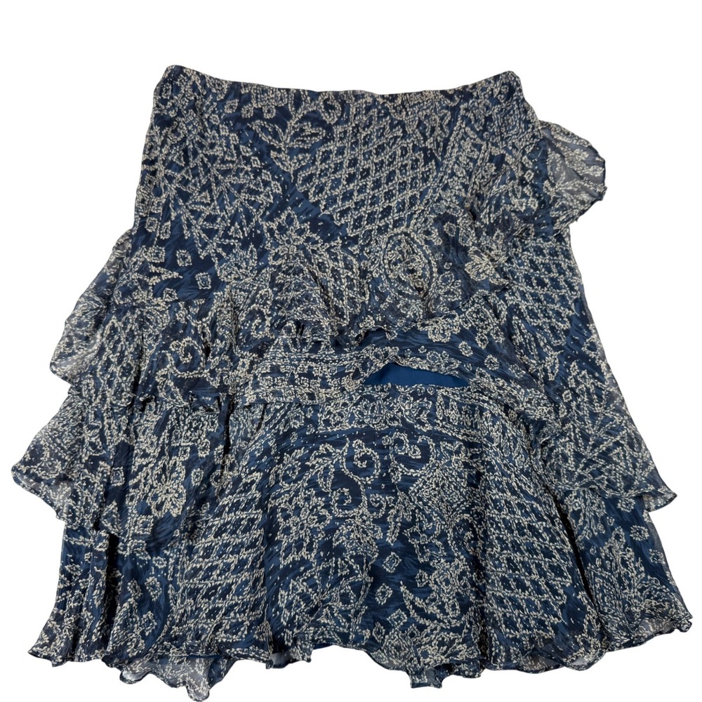 Lauren Ralph Lauren Silk Ruffle Tier Paisley Mini/Midi Skirt Navy Blue Cream L